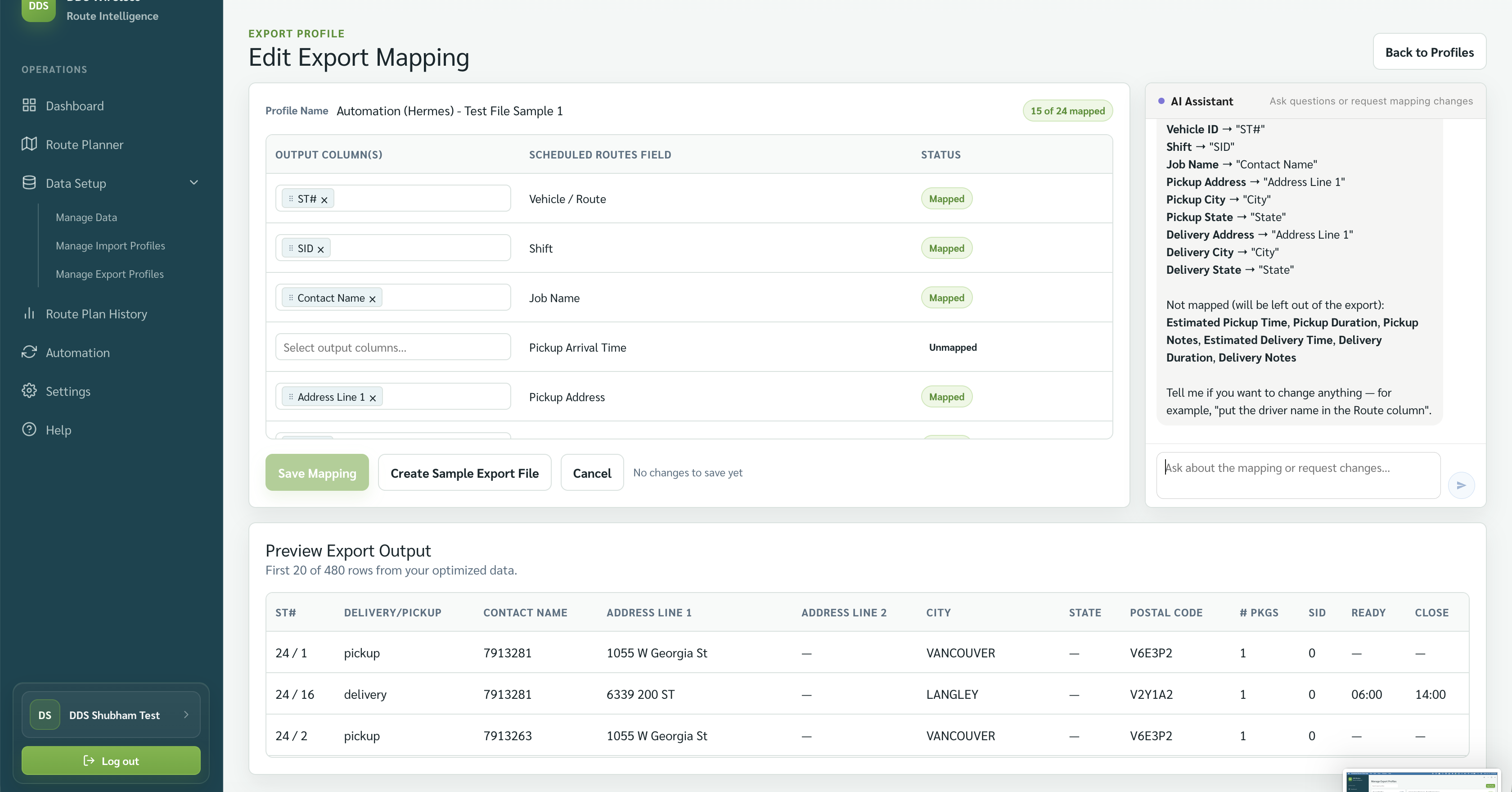 Edit Export Mapping showing mapped and unmapped output columns with a preview.