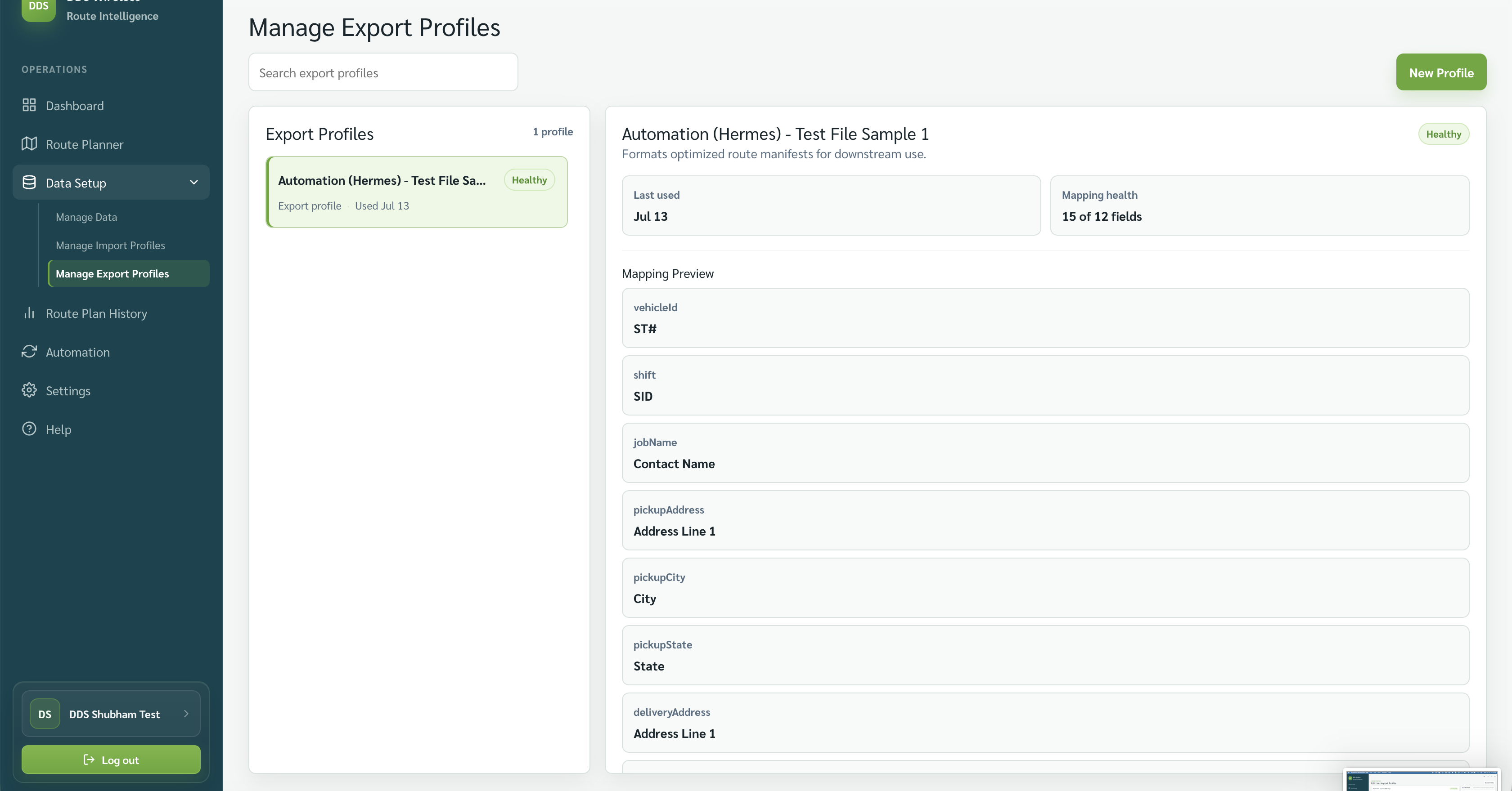 Manage Export Profiles with one export profile selected.