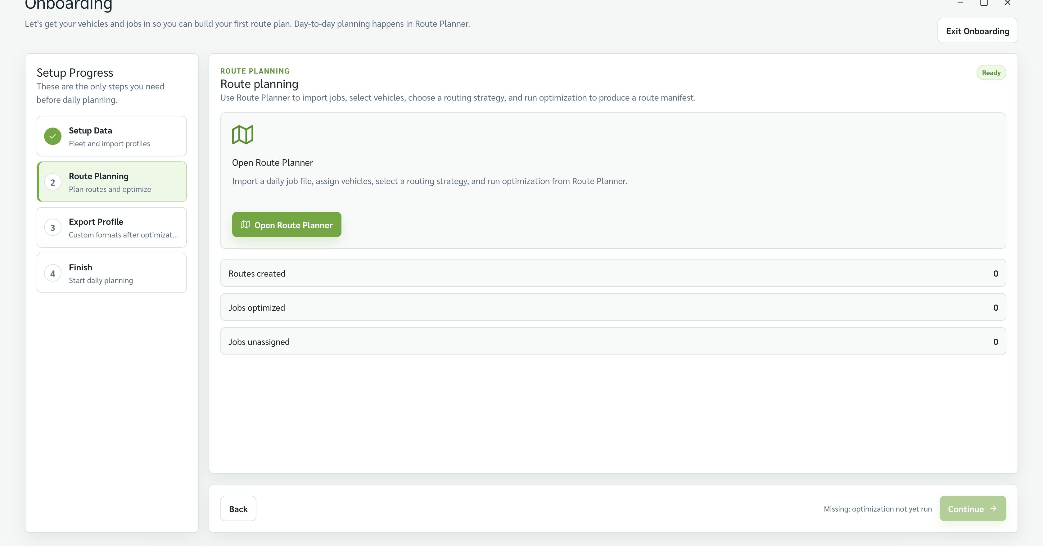 Onboarding progress with Setup Data complete and Route Planning selected.