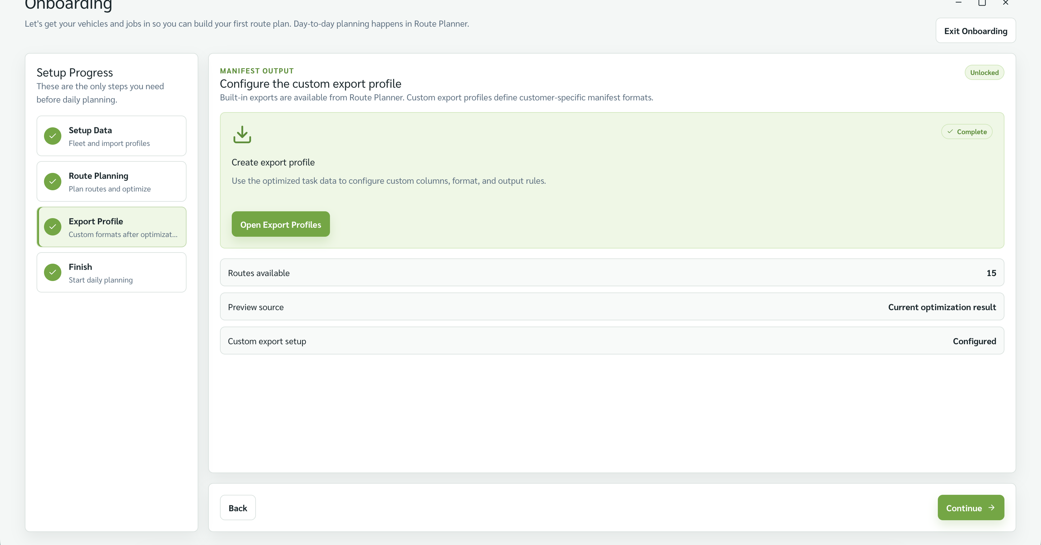 Onboarding Export Profile step marked complete.