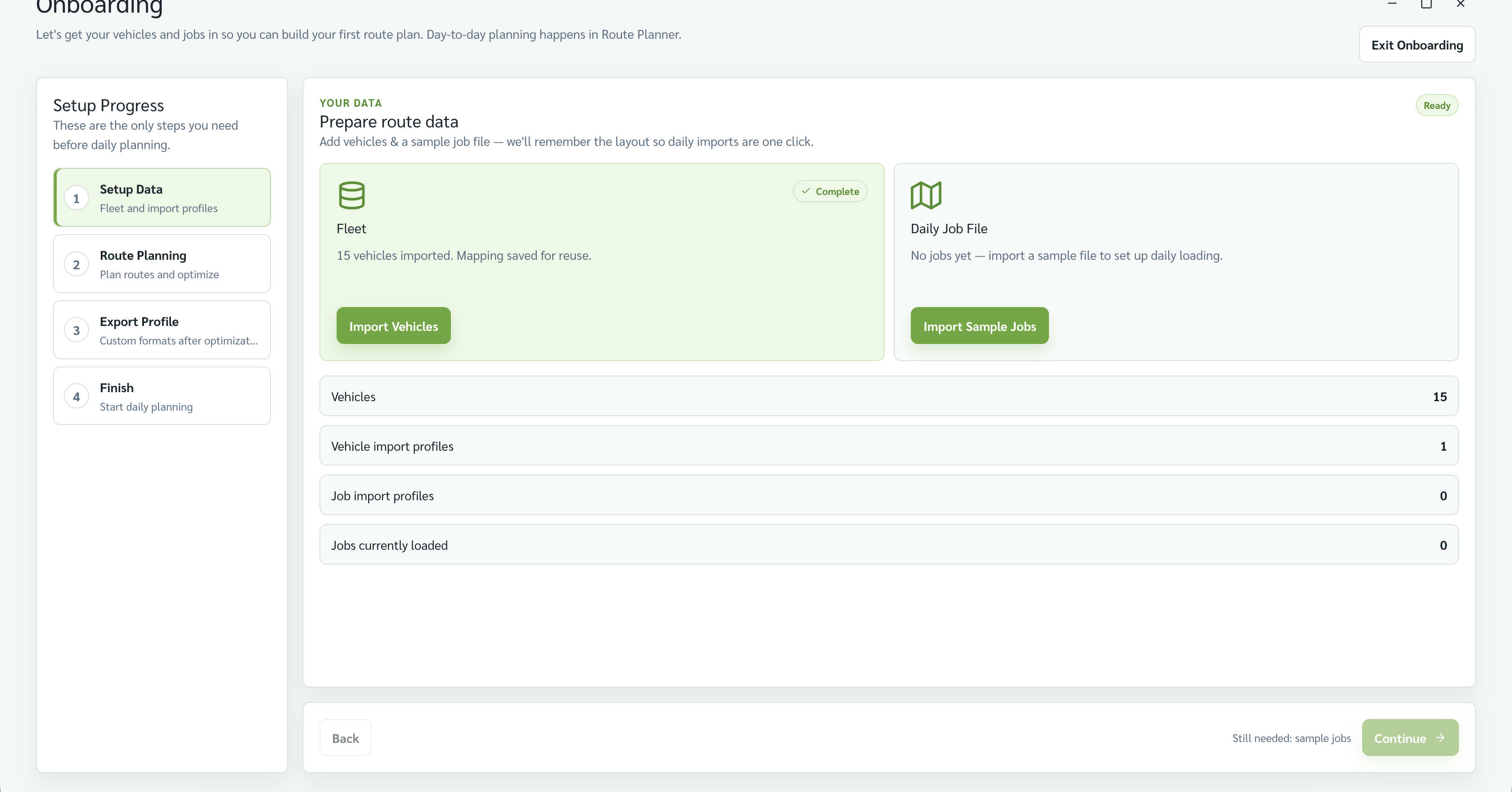 Onboarding Setup Data with Import Vehicles in the Fleet card.