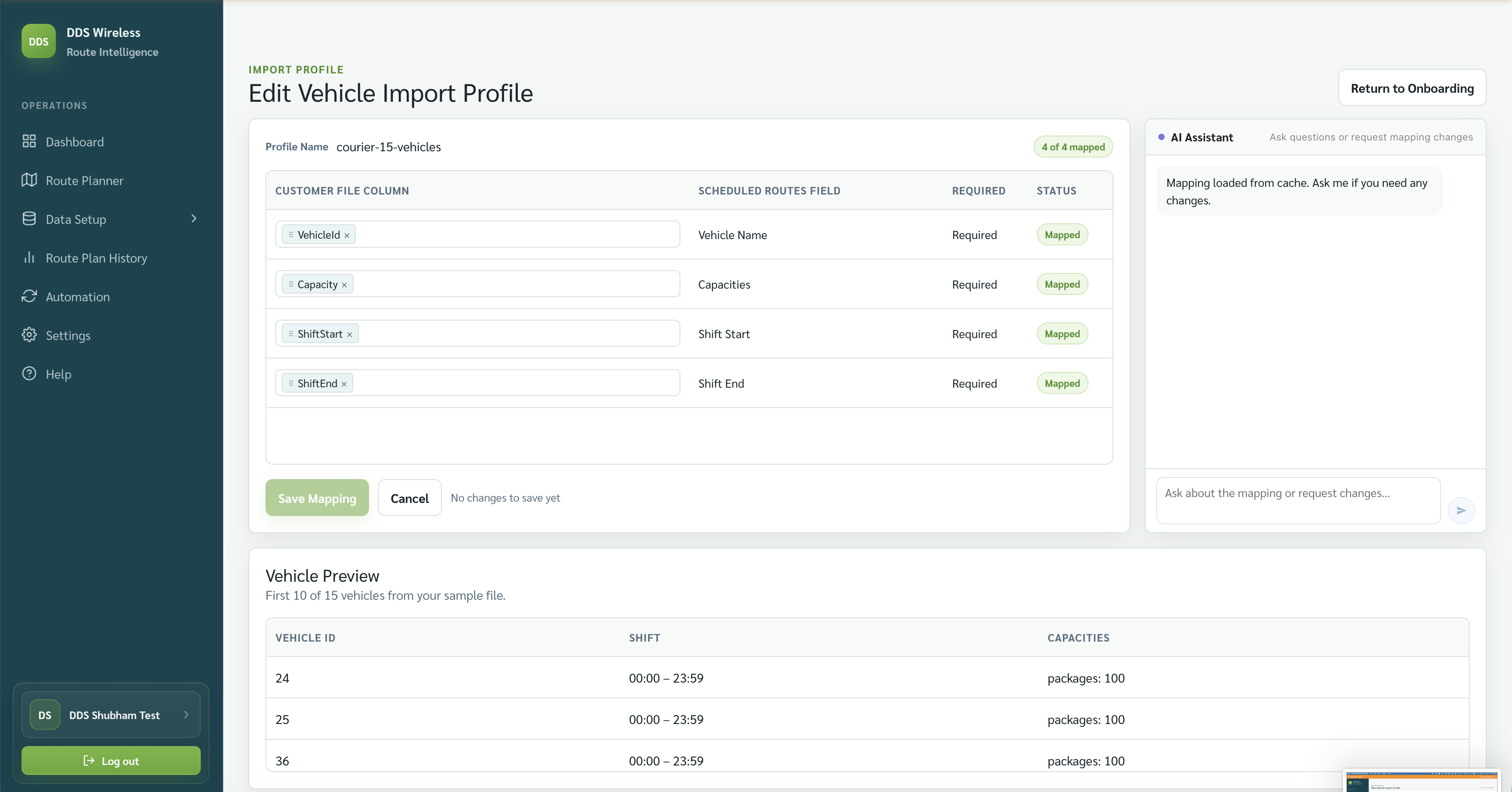 Edit Vehicle Import Profile with all required fields mapped and Vehicle Preview visible.