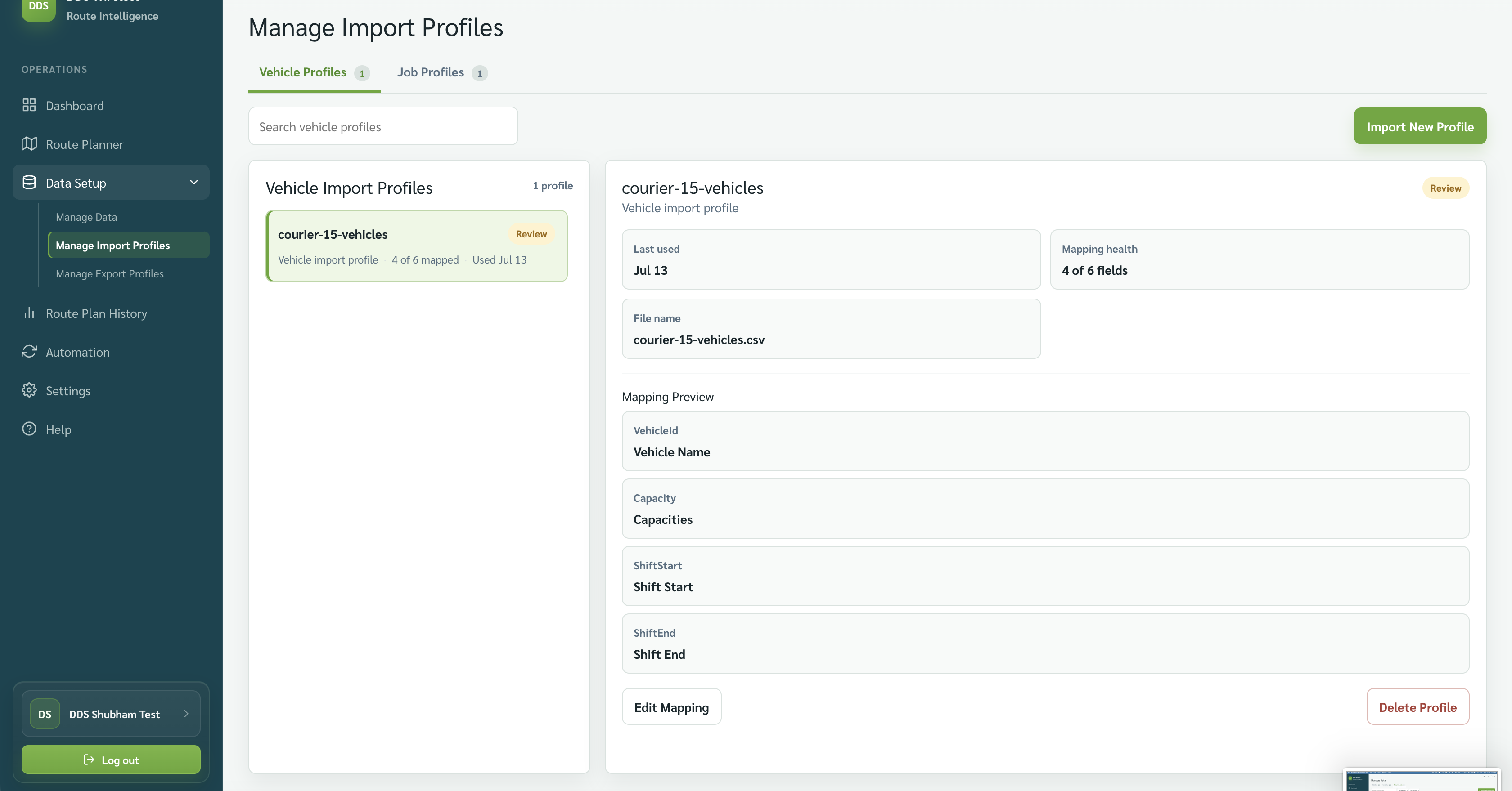 Manage Import Profiles on Vehicle Profiles with a saved mapping selected.