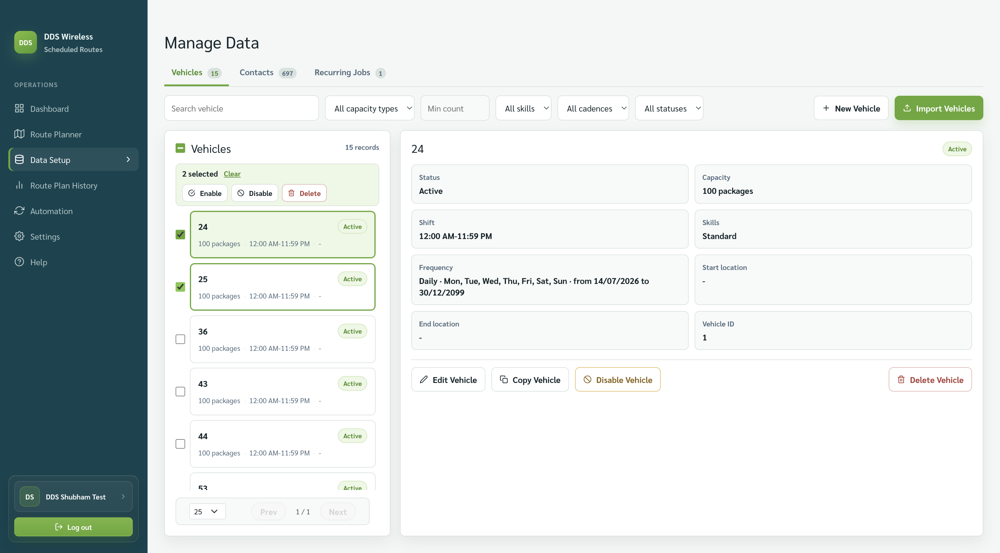 Two vehicles selected with the Enable, Disable, and Delete bulk actions visible.