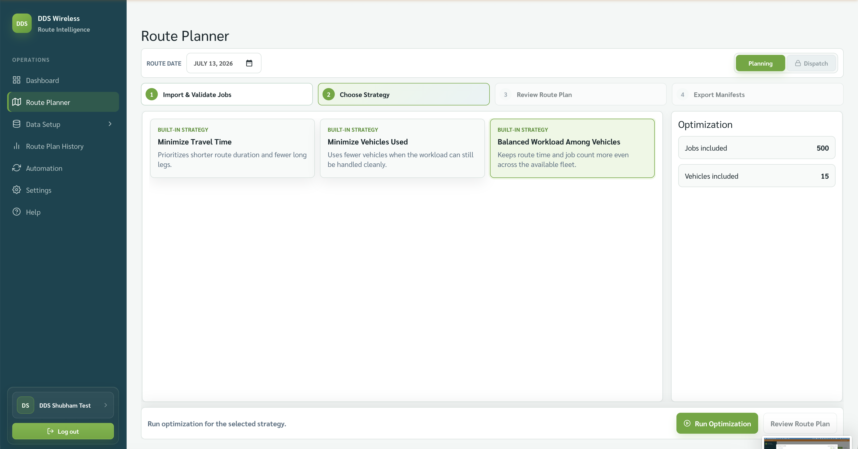 The three built-in strategy cards in Route Planner.