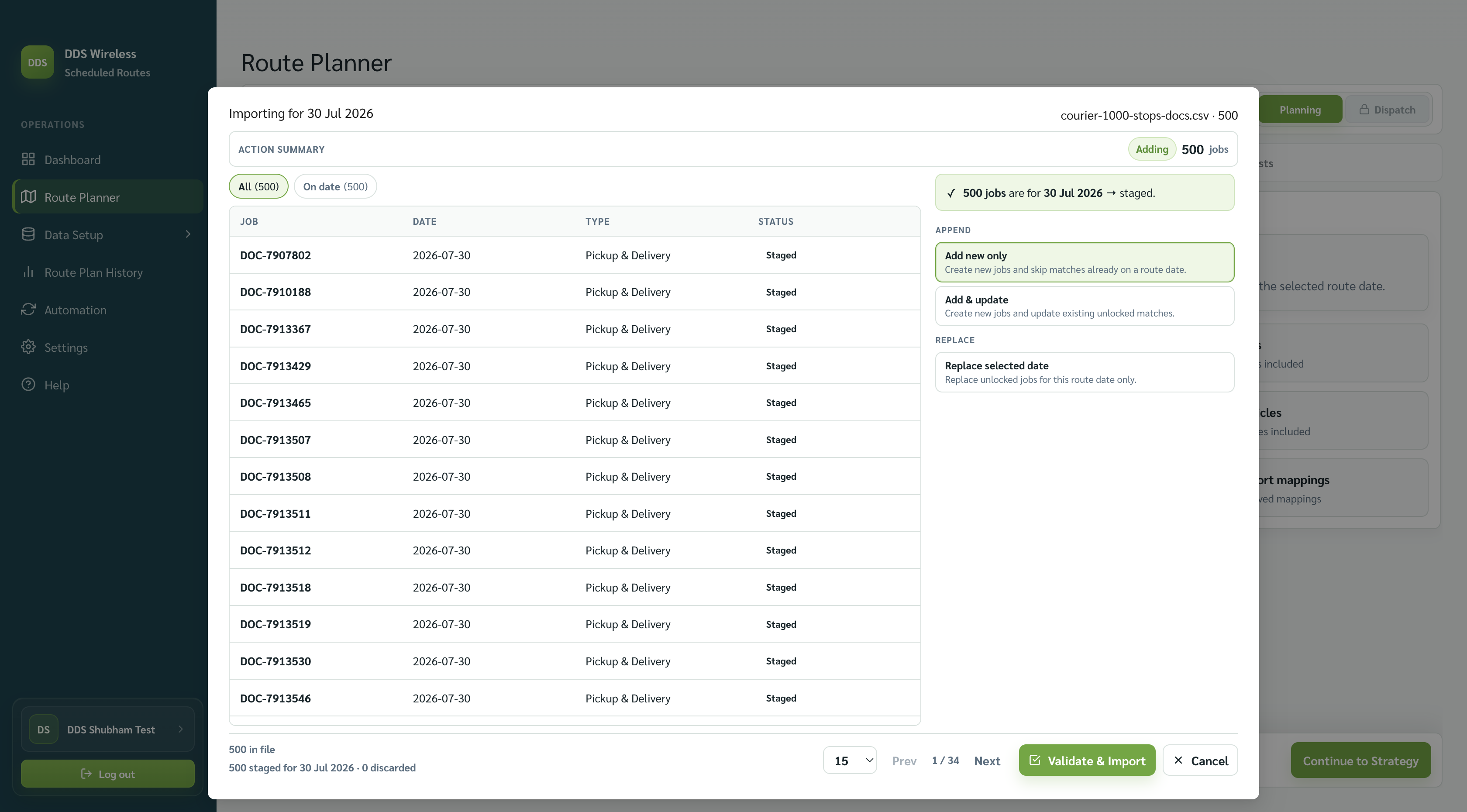 Staging review showing 500 jobs ready to add, the merge choices, and Validate & Import.