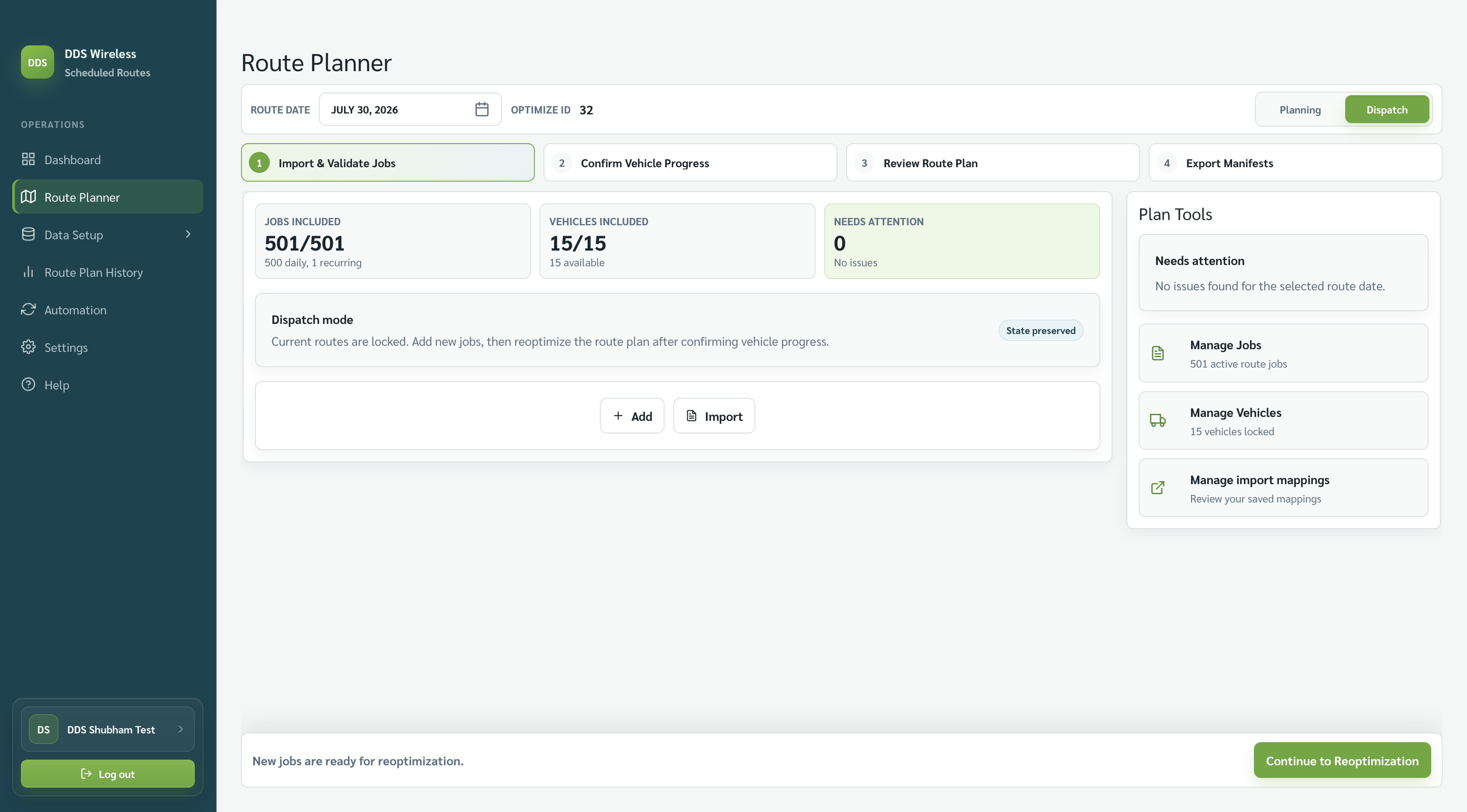 Route Planner in Dispatch mode with active route jobs and vehicles locked.