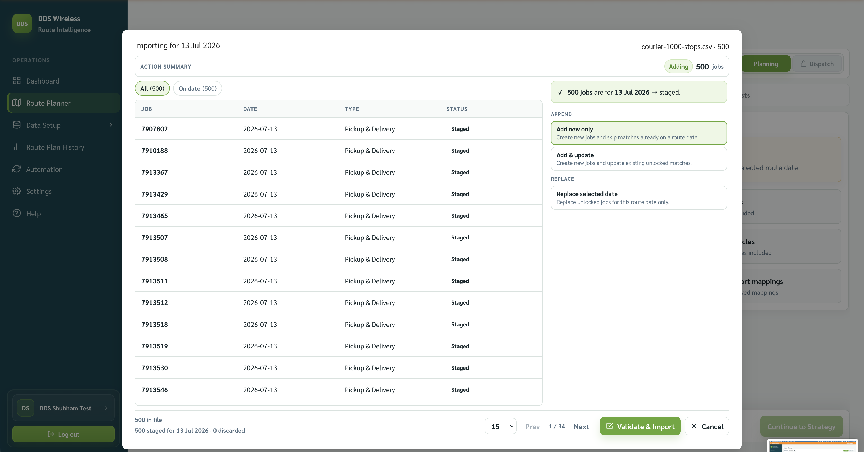 Staging review modal for a jobs import — Action Summary reads Adding 500 jobs, jobs listed with DATE, TYPE and STATUS, and Append / Replace options with Validate & Import.