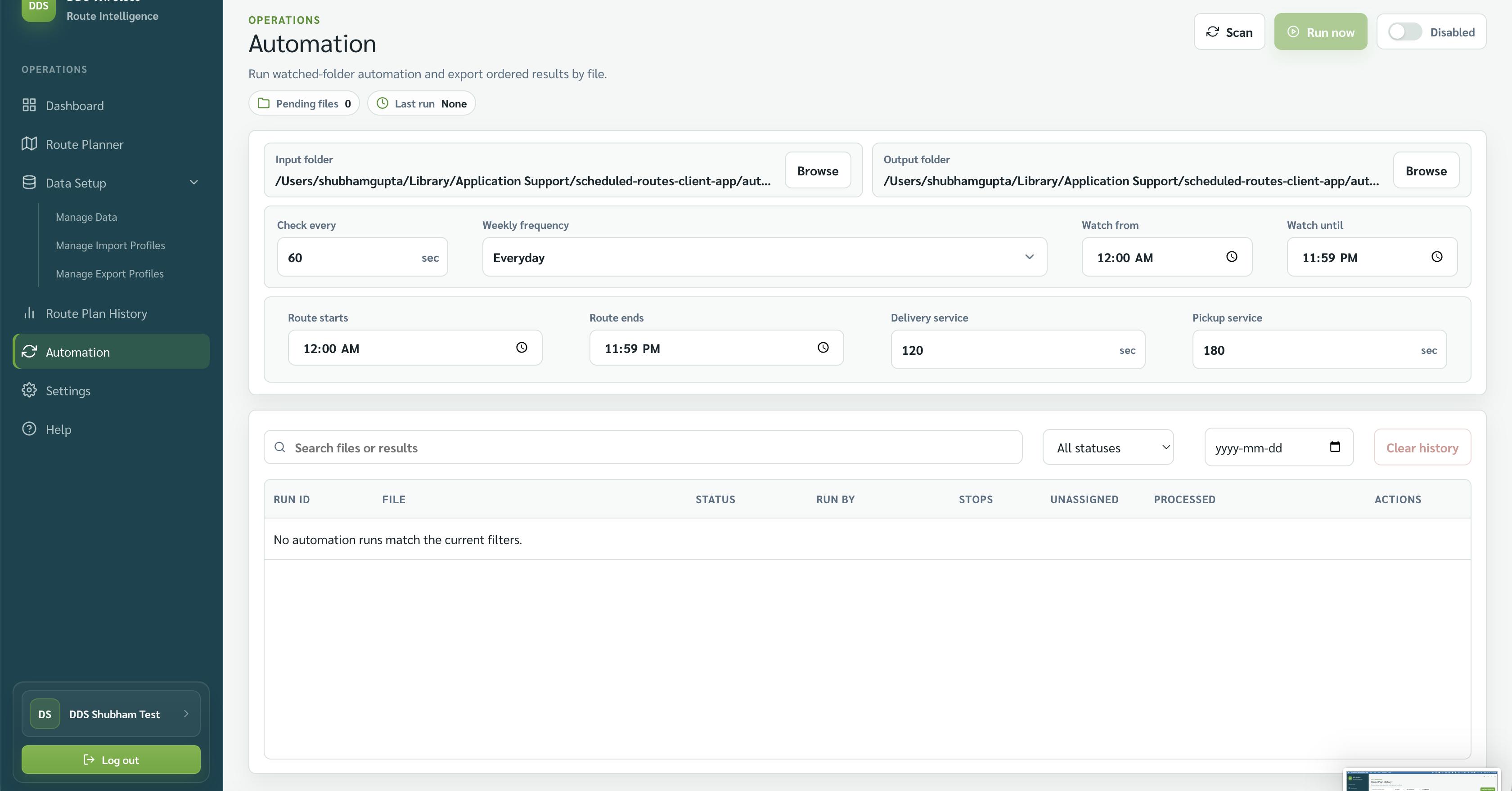 Automation showing input and output folders, schedule controls, service times, and run history.
